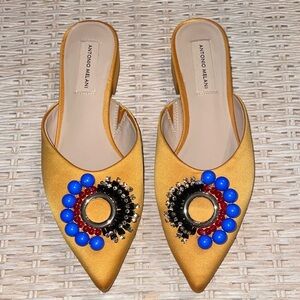 ANTONIO MELANI Gold Mules with Blue and Red Embellishments